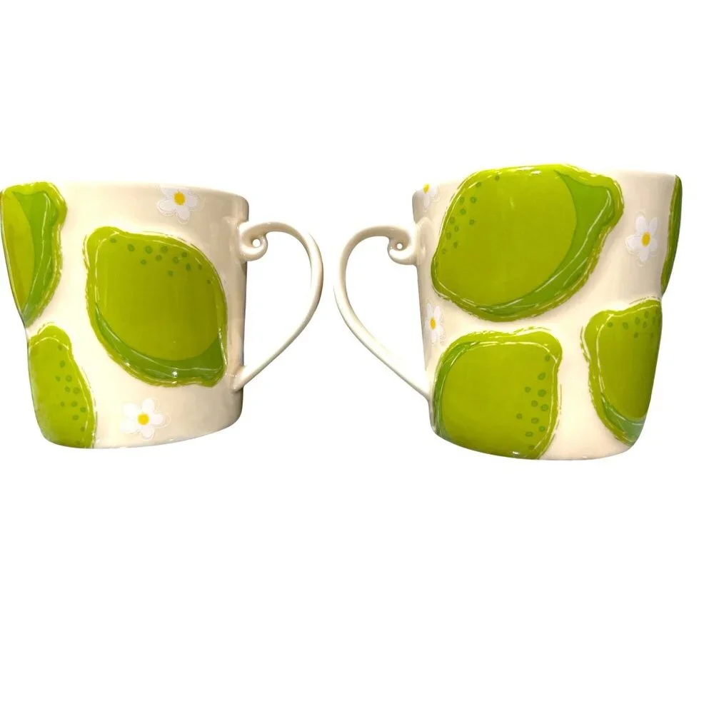 Starbucks Vintage 2006 Green Pear Daisy Ceramic Cup Set Pair Cottage Kitchen Bar - Picture 3 of 7